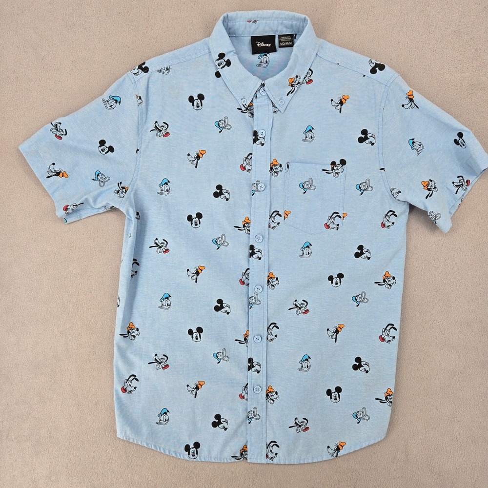 Disney Mens Medium Short Sleeve Button Down Mickey Donald Goofy Blue Shirt